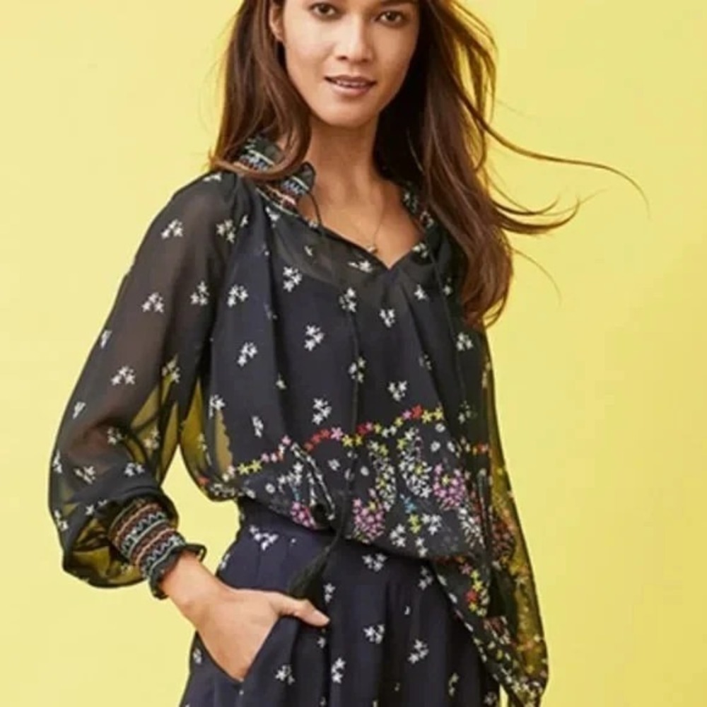 Cabi Enjoy Blouse Sz XL Floral Top Bishop Sleeve Semi Sheer Artsy Feminine Boho